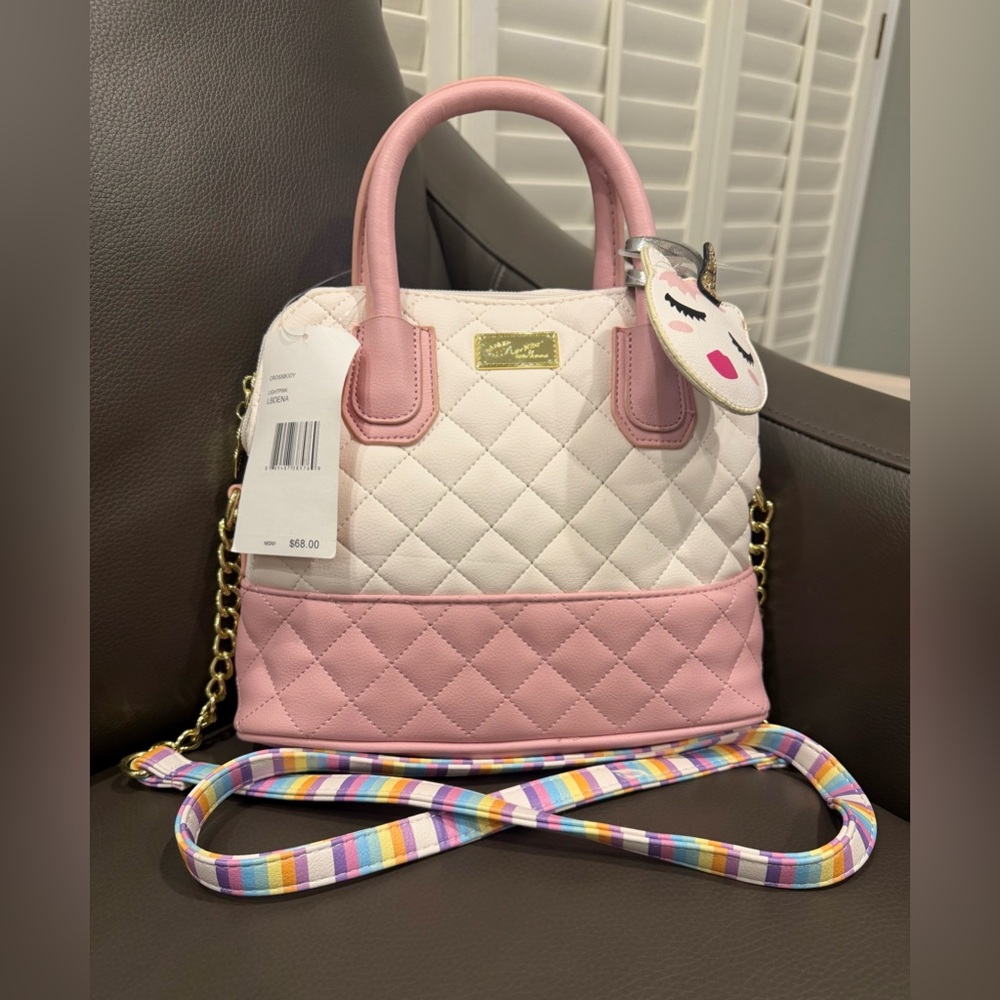 NWT Betsey Johnson Pink&White Quilted Unicorn Satchel w/Rainbow Strap *callouts